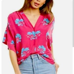 {EUC} MAJE Clowers Floral Blouse Short Sleeve Shirt Boxy Pink Small